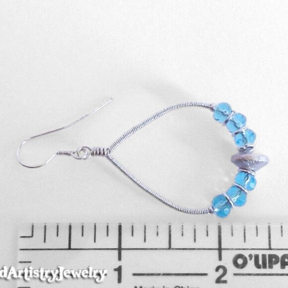 Aqua Blue Silver Wire Wrapped Teardrop Hoop Earrings - Picture 3 of 3